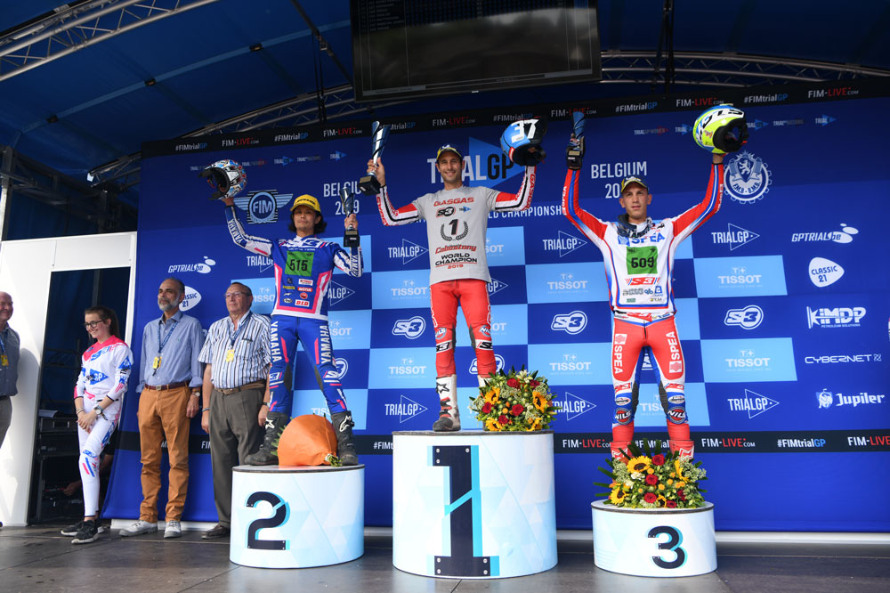 Podio de la segunda carrera del Campeonato del Mundo de Trial para motos eléctricas