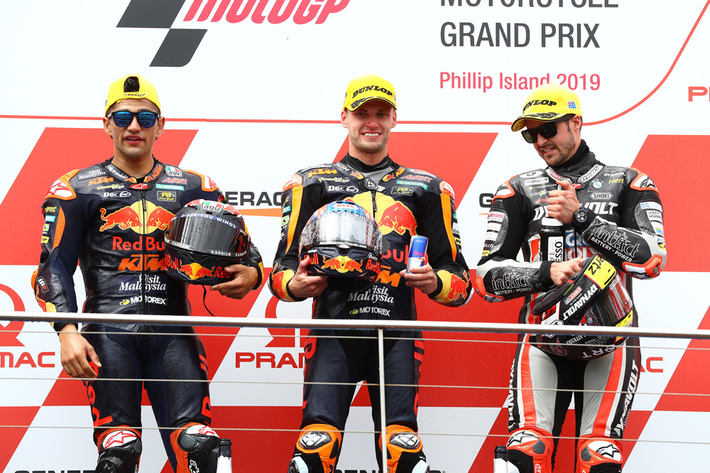 El podio de Moto2 del Gran Premio de Australia estuvo integrado por Binder, Jorge Martín y Thomas Luthi