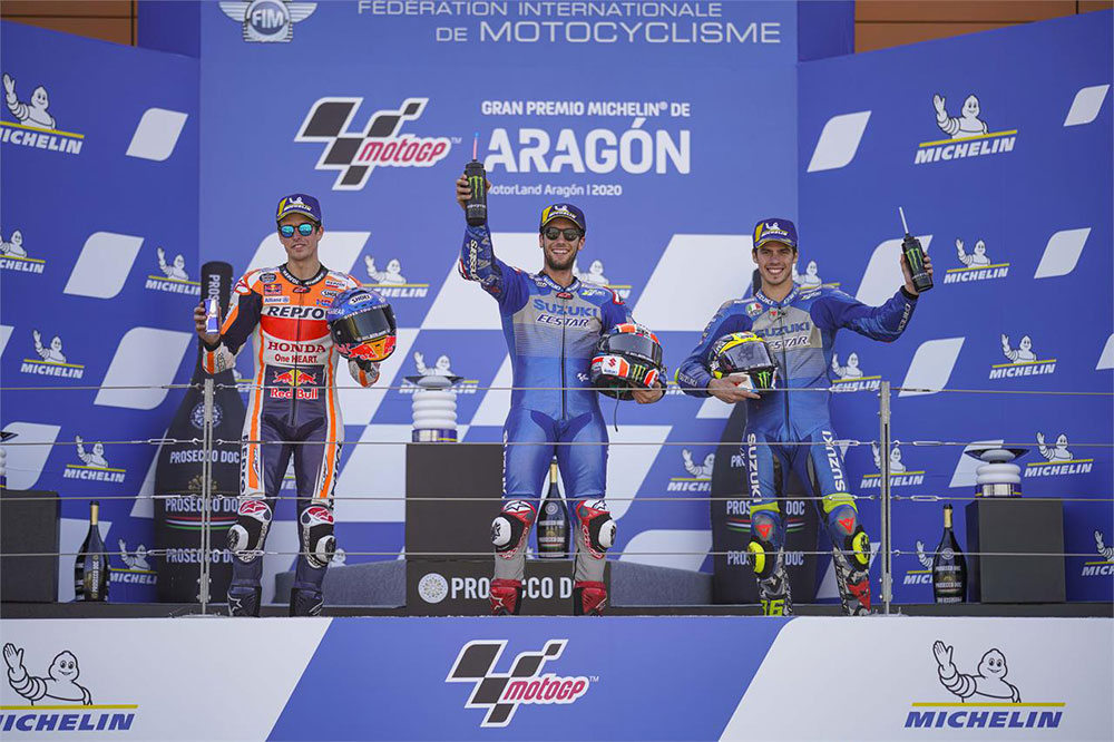 Podio del Gran Premio de Aragón: Rins, Márquez y Mir, que ahora es líder del Mundial